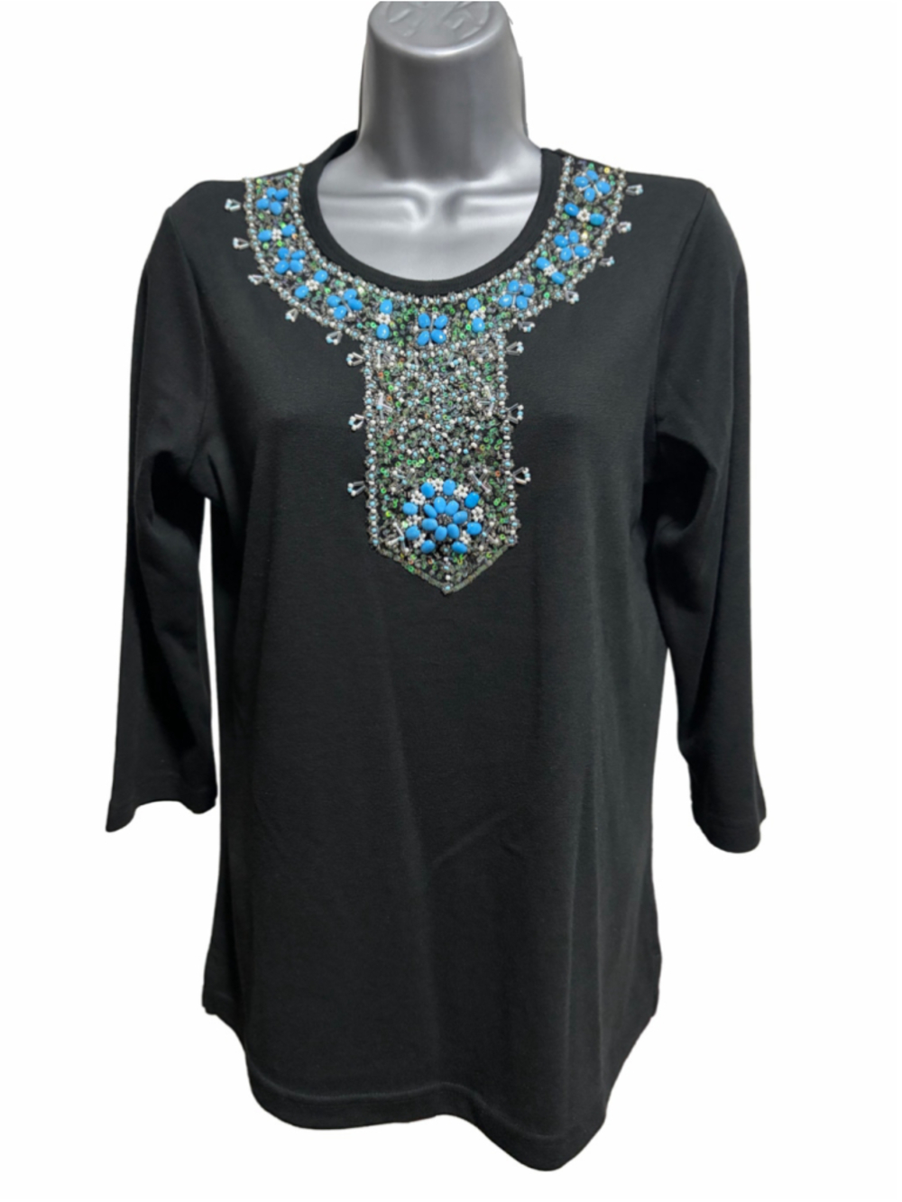Quacker Factory Black Beaded Jeweled Neckline Top XS